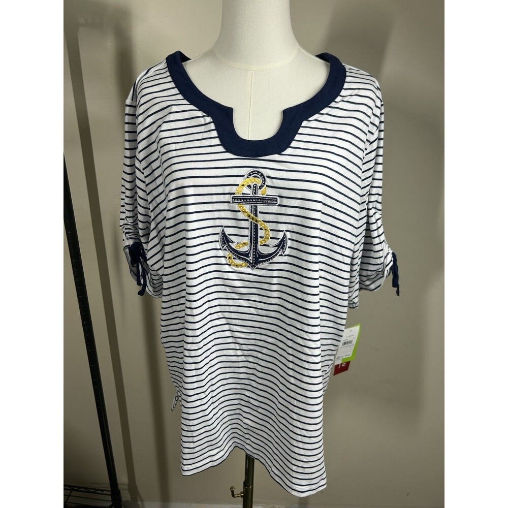 C.D. Daniels Women's Pullover Plus 1X Navy+White Striped Stretch $50.00 NEW 114
